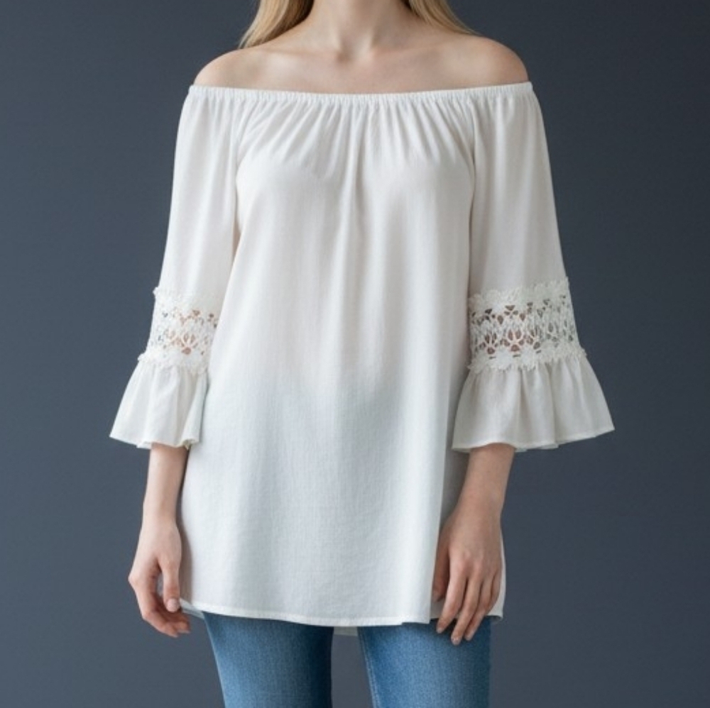 3/$30 WINWIN Romantic Winter White Off Shoulder Bell Sleeve Coquette Blouse